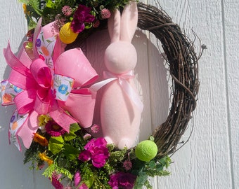 Easter wreath, Easter Flock bunny wreath, Easter grapevine wreath