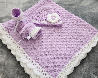 Knit/Crochet PersonalizedcBaby Boy Blanket, Hat and Booties (33x33, violet and white, acrylic)