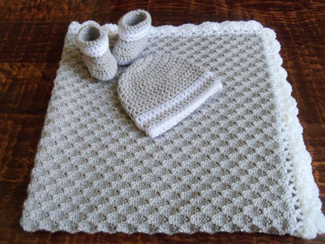 Knit/crochet Personalized Baby Boy Blanket, Hat and Booties 33x33, Light Gray and White, Acrylic