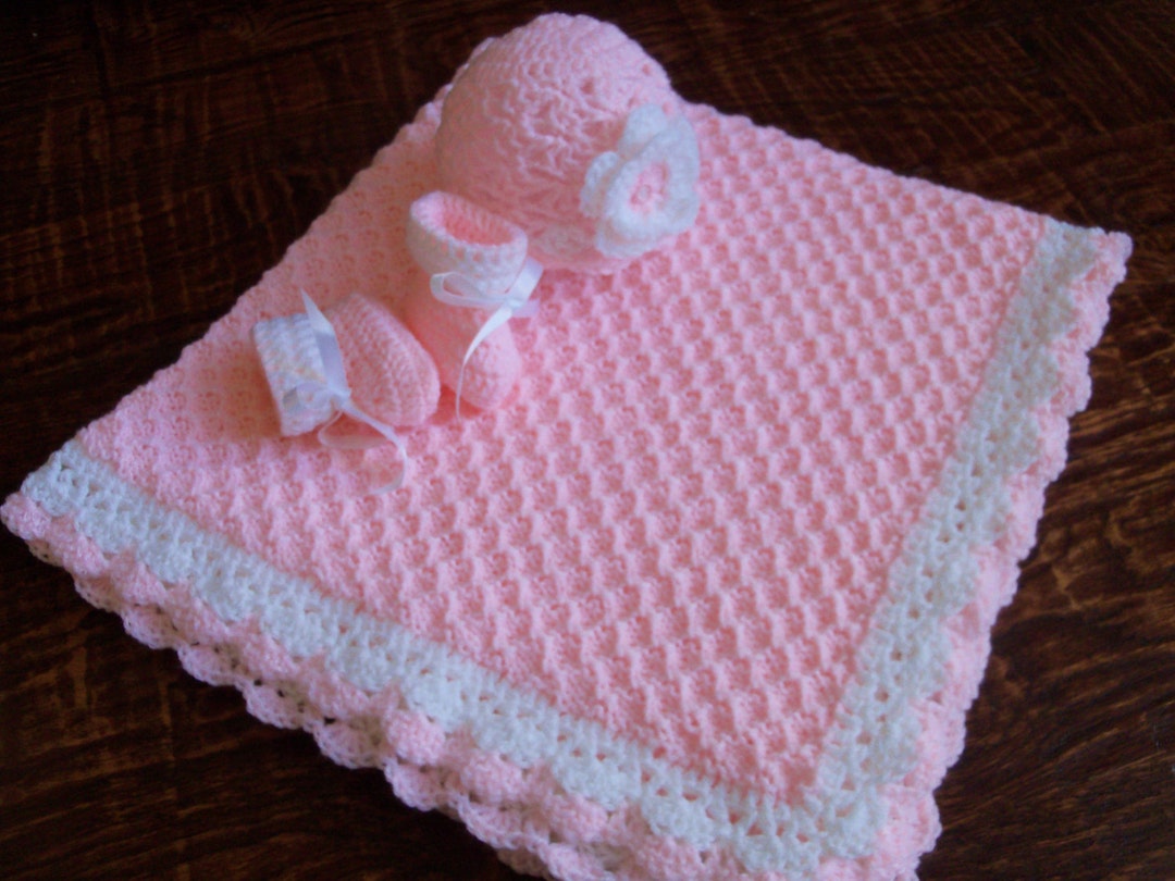 Knit/crochet Personalized Baby Blanket Hat and Booties 36x35 Etsy