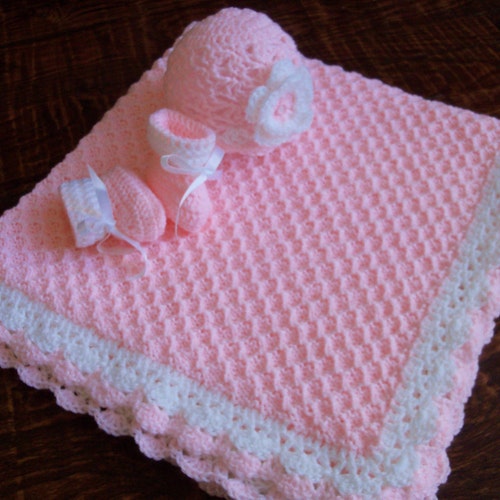 Knit/crochet Personalized Baby Blanket Hat and Booties 36x35 Etsy