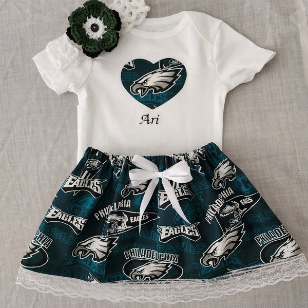Philadelphia Eagles Personalized Baby Girl Bodysuit, Skirt and Headband