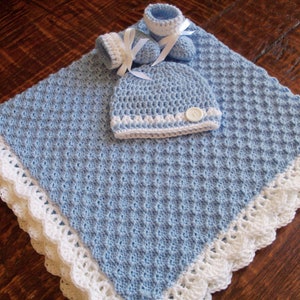 Knit/Crochet PersonalizedcBaby Boy Blanket, Hat and Booties (33x33, blue and white, acrylic)