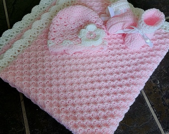 Knit/Crochet Personalized Baby Blanket, Hat and Booties (33x33 inches, acrylic)