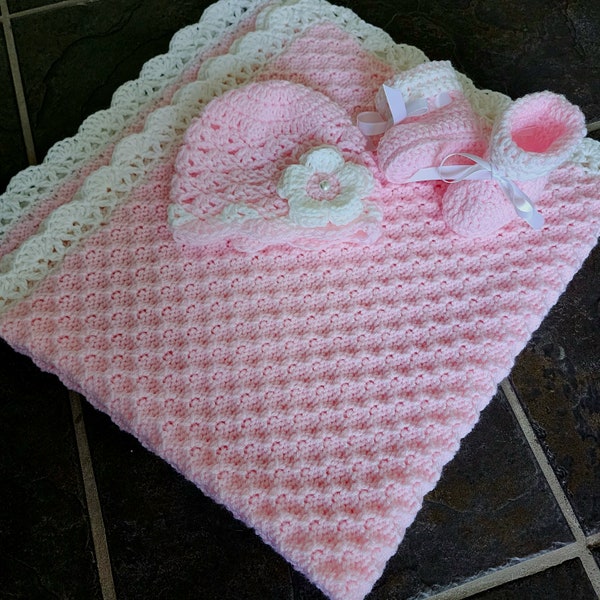 Knit/Crochet Personalized Baby Blanket, Hat and Booties (33x33 inches, acrylic)