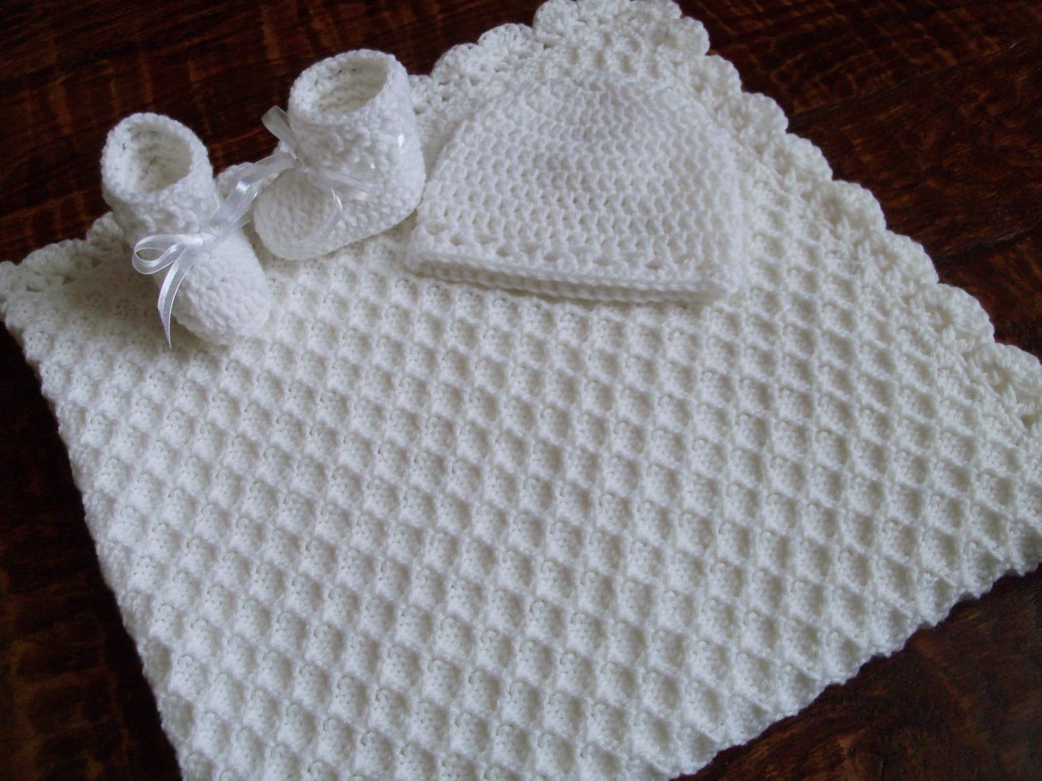 Tricot Crochet Personnalise Blanc Couverture De Bebe Chapeau Etsy