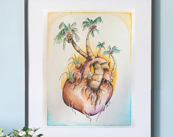 Heart: Coconut Palm Trees I - Ink & Watercolor - 9x12" Original, LE Prints Available