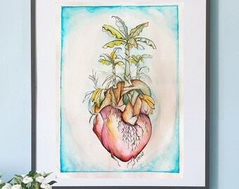 Heart: Banana Tree I - Ink & Watercolor - 9x12" Original, LE Prints Available