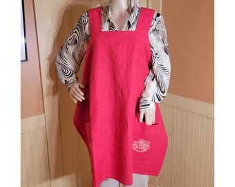 Red Crossback Apron with Embroidered Pockets