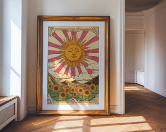 Pôster da Carta de Tarô do Sol, Arte digital de Tarô Místico, Ilustração Boho do Sol, Arte de parede de Tarô Vintage, Impressão Celestial do Sol, Decoração Oculta