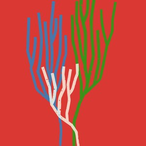 Può includere: Stampa d'arte astratta con tre alberi stilizzati con rami blu, verdi e bianchi su uno sfondo rosso.