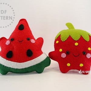 PDF Pattern: Kawaii Felt Strawberry and Watermelon. Felt Food. Plushies Kawaii. Plushies Pattern. Felt Patterns - Instant Download.