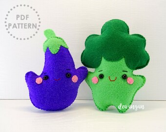 PDF Pattern: Kawaii Felt Broccoli and Eggplant. Play Food. Felt Food. Plushies Kawaii. Plushies Pattern. Felt Patterns - Instant Download.