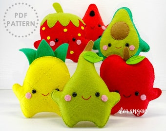 PDF Pattern: Kawaii Felt Fruits Set. Play Food. Felt Food. Plushies Kawaii. Plushies Pattern. Felt Patterns - Instant Download.