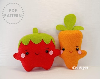 PDF Pattern: Kawaii Felt Tomato and Carrot. Play Food. Felt Food. Plushies Kawaii. Plushies Pattern. Felt Patterns - Instant Download.