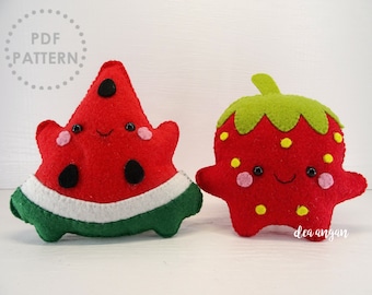 PDF Pattern: Kawaii Felt Strawberry and Watermelon. Felt Food. Plushies Kawaii. Plushies Pattern. Felt Patterns - Instant Download.