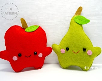 PDF Pattern: Kawaii Felt Apple and Pear. Felt Food. Plushies Kawaii. Plushies Pattern. Felt Patterns - Instant Download.