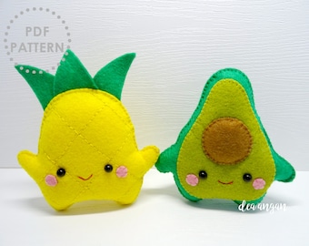 PDF Pattern: Kawaii Felt Avocado and Pineapple. Felt Food. Plushies Kawaii. Plushies Pattern. Felt Patterns - Instant Download.