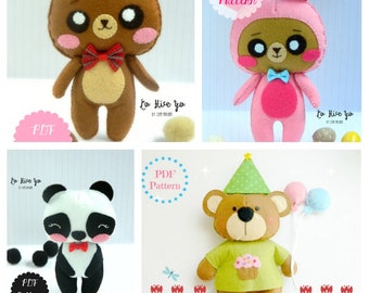 PDF Pattern: 4 Felt Bears. Felt Pattern. Plush Pattern. Softies Pattern - Instant Download