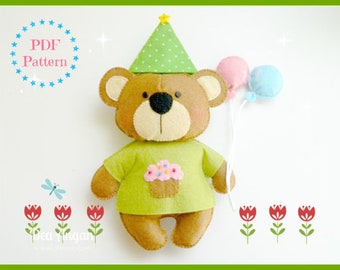 PDF Pattern: Birthday Bear. Felt Pattern. Plush Pattern. Softies Pattern - Instant Download