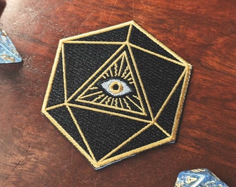 d20 All-Seeing Eye Patch | Embroidered Iron-On Dice Patch | Black and Gold | Dungeons and Dragons