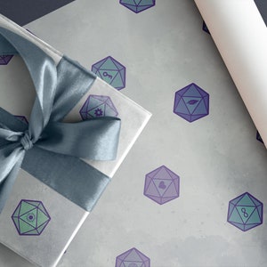 d20 Dice Wrapping Paper with Tags | Winter Ice: Matte Blue, Green. White and Gray | Dungeons and Dragons | Gift Wrap for Birthdays, Holidays