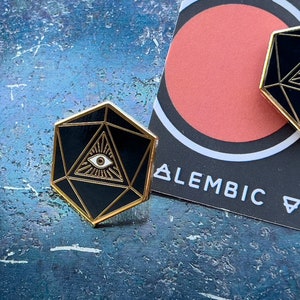 d20 All-Seeing Eye Pin | Hard Enamel Dice Pin | Black and Gold | Dungeons and Dragons