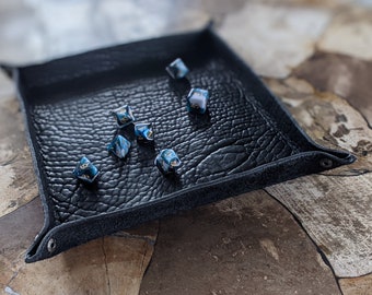 DragonSkin Leather Dice Trays - 10x10 inch Full-Grain Premium Black Bison Leather