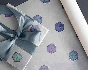 d20 Dice Wrapping Paper with Tags | Winter Ice: Matte Blue, Green. White and Gray | Dungeons and Dragons | Gift Wrap for Birthdays, Holidays