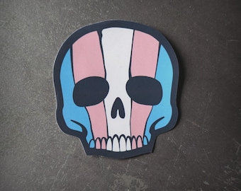 Puede incluir: Una pegatina de una calavera con los colores de la bandera del orgullo transgénero. La calavera es blanca con ojos negros y un contorno negro. Los colores de la bandera son azul claro, rosa y blanco.