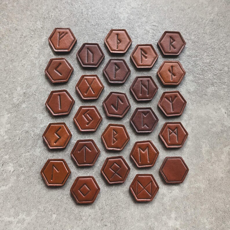 Hexagon Rune Leather Elder Futhark Rune Set, Handcrafted in 3 Colors, Includes ...