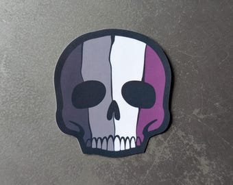 Puede incluir: Una pegatina de calavera negra, blanca y morada con un diseño estilizado. La calavera está dividida en tres secciones, la sección izquierda es negra, la sección del medio es blanca y la sección derecha es morada.
