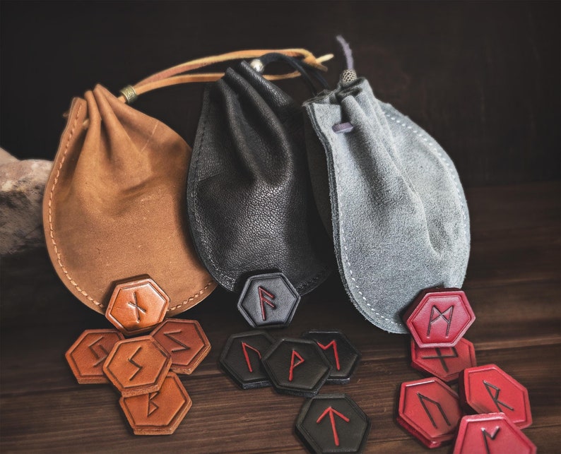 Hexagon Rune Leather Elder Futhark Rune Set, Handcrafted in 3 Colors, Includes ...