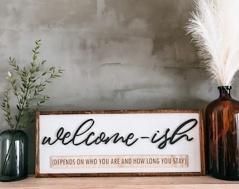 Welcome-ish depends on who you are and how long you are staying sign - welcome sign - funny sign