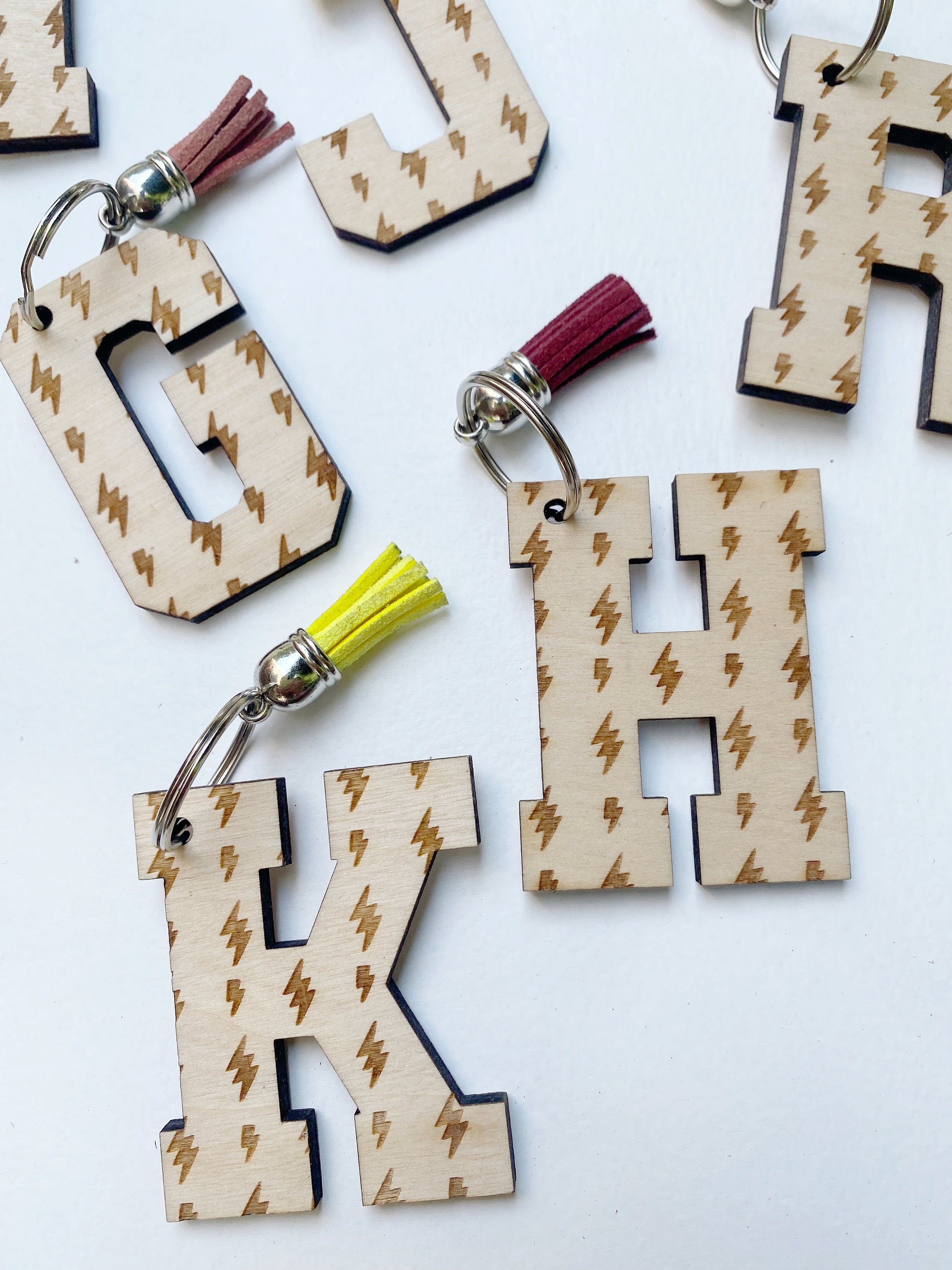 Wooden Initial Keychain - Lightning Bolt Keychains - Keychain Tassel ...