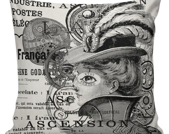 Steampunk Pillow Cover Cotton Canvas Throw Pillow 18 inch square French Gear Girl #UE0052