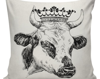 Novelty Pillow Cover Cotton Canvas Throw Pillow 18 inch square Cow with Crown UE-290 Urban Elliott