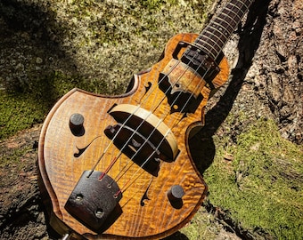 May include: A unique, handcrafted violin with a wooden body and a dark brown neck. The violin has a distinctive shape with a rounded body and a pointed end. The strings are visible and the instrument is resting on a mossy surface.