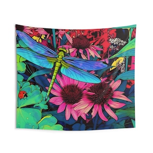 Tapestry Vibrant Floral & Dragonfly Indoor, Home Decor, Wall Hanging, Bohemian Style, Nature Art, Gift for Nature Lovers