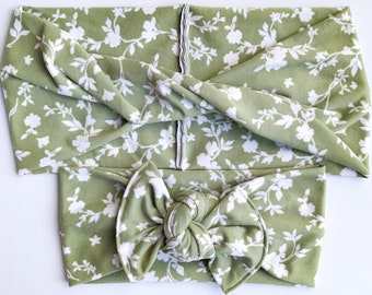 Sage Blooms : (Mommy & Me set) adult- BOHO twist; child - flat bow headband