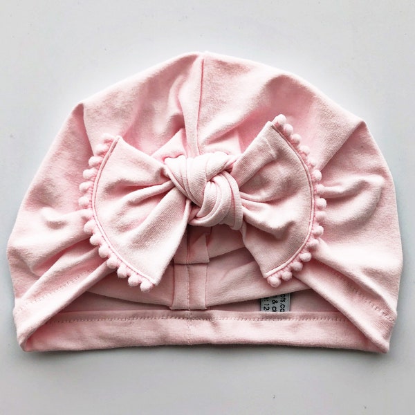 Light Pink Hat: (jersey) w/ Pom-Poms bow - Baby Girl Hat, Baby Bow Hats, Baby Turban, Pink Baby Girl Hat
