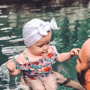 SWIM White Sun Hat : w/ Flat Bow, SPF 50, baby beach pool hat