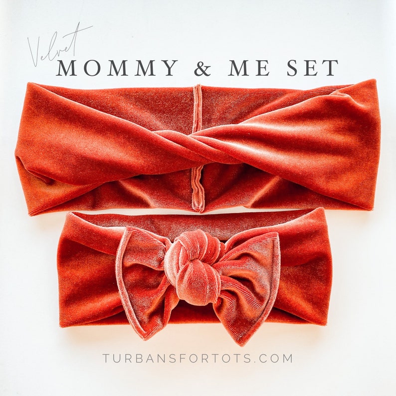 Mommy and Me set child flat bow headband gold velvet Adult BOHO twist headband Persimmons Velvet: matching set holiday