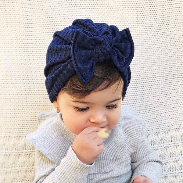 YARD SALE- Navy Ribbed Fuzzy Hat: (sweater) w/ -Flat Bow-