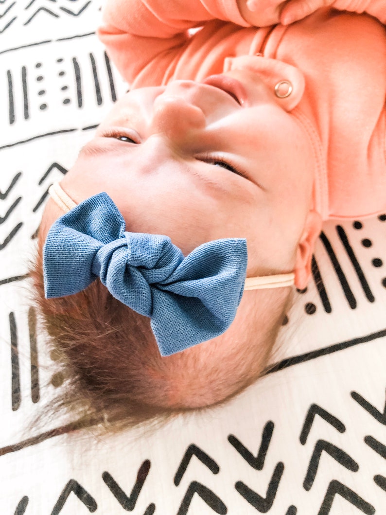 Sweet Carolina: Knot Bows Set {set of 3} Pink Vintage Floral Knot bow Dark Gray Linen Bow, Light Denim Knot bow