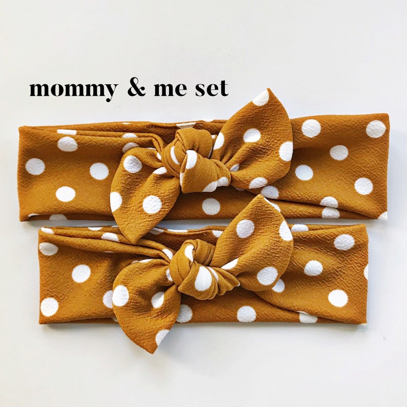Top Knot Mommy /& Me Set mustard brown Textured Butterscotch Polka Dot Textured
