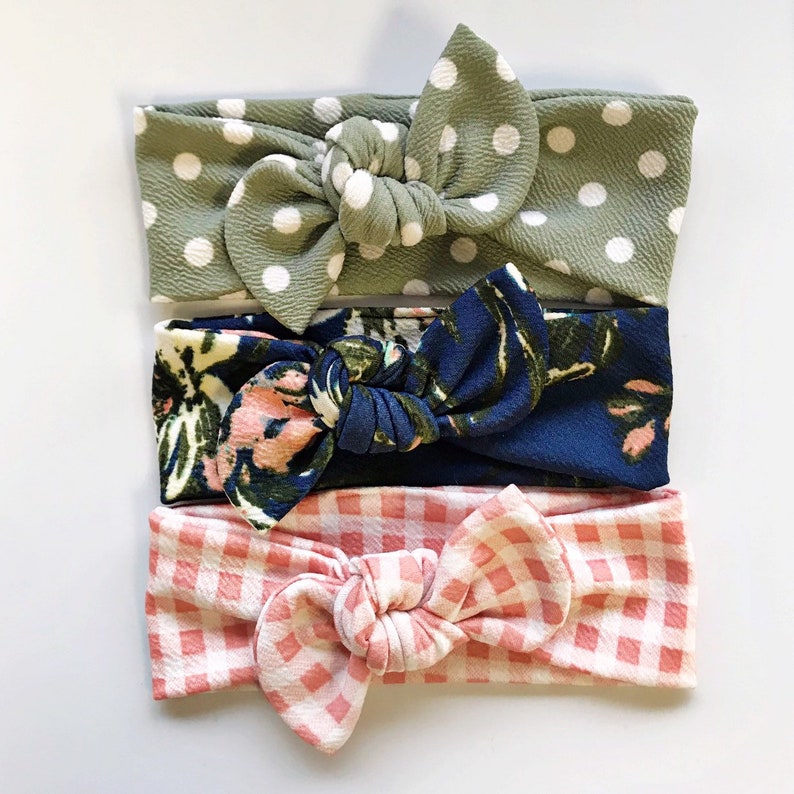 Picnic in Floral Set : {3 items} Sage Polka Dot Textured Top Knot, Big Blue Blooms Textured Top Knot, Pink Picnic Plaid, baby girl set, Picnic in Floral Set : {3 items} Sage Polka Dot Textured Top Knot, Big Blue Blooms Textured Top Knot, Pink Picnic Plaid, baby girl set,