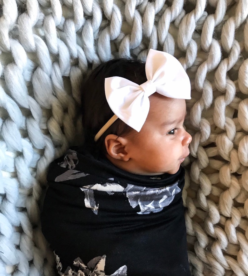 {3 items} Solid White baby bow Spring in the City Set Blue Roses Flatbow /& Big Blue Polka Dots turban headband