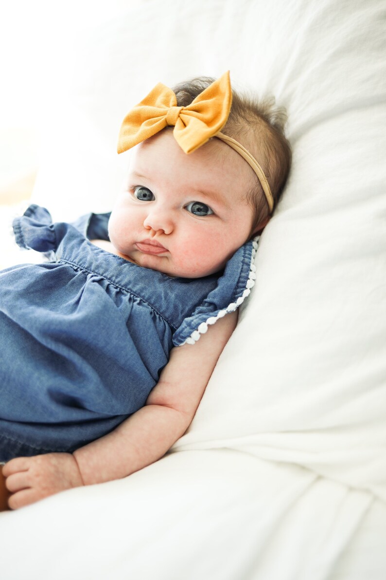 3 items Mustard Linen Bow Retro Stripe Flat bow Dusty Rose Flat Bow Back to School Set :