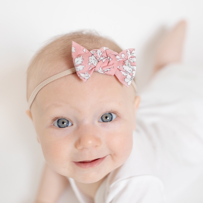 Sweet Carolina: Knot Bows Set {set of 3} Pink Vintage Floral Knot bow Dark Gray Linen Bow, Light Denim Knot bow